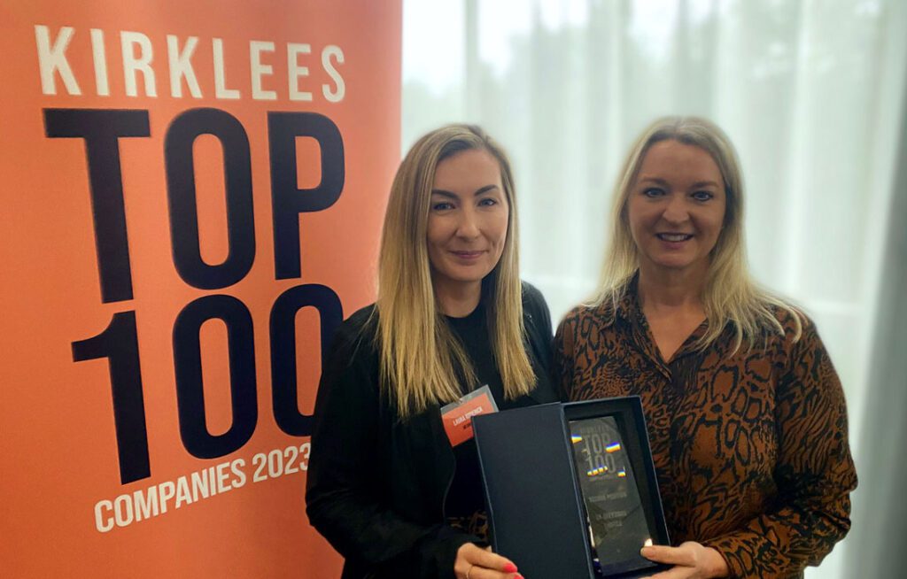 Claire Rusby, HR Director collecting The Kirklees Top 100 Awards